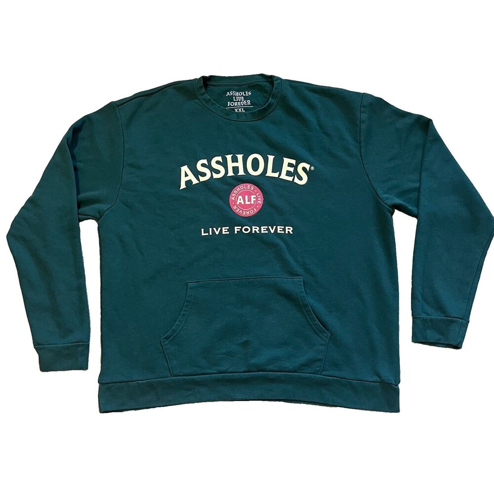 Assholes*s Live Forever ALF Green Graphic Crewneck Sweatshirt Mens 2XL Pocket